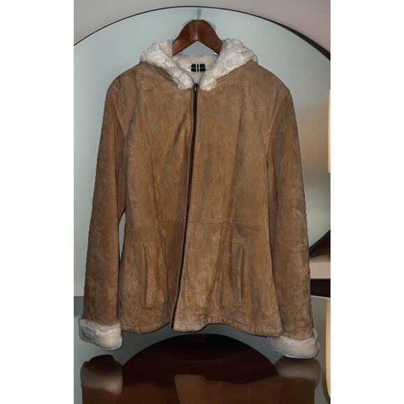 Stephanie Andrews Sherpa Lined Hooded 100% Leather Bomber Jacket Y2K Size Large - Picture 1 of 11